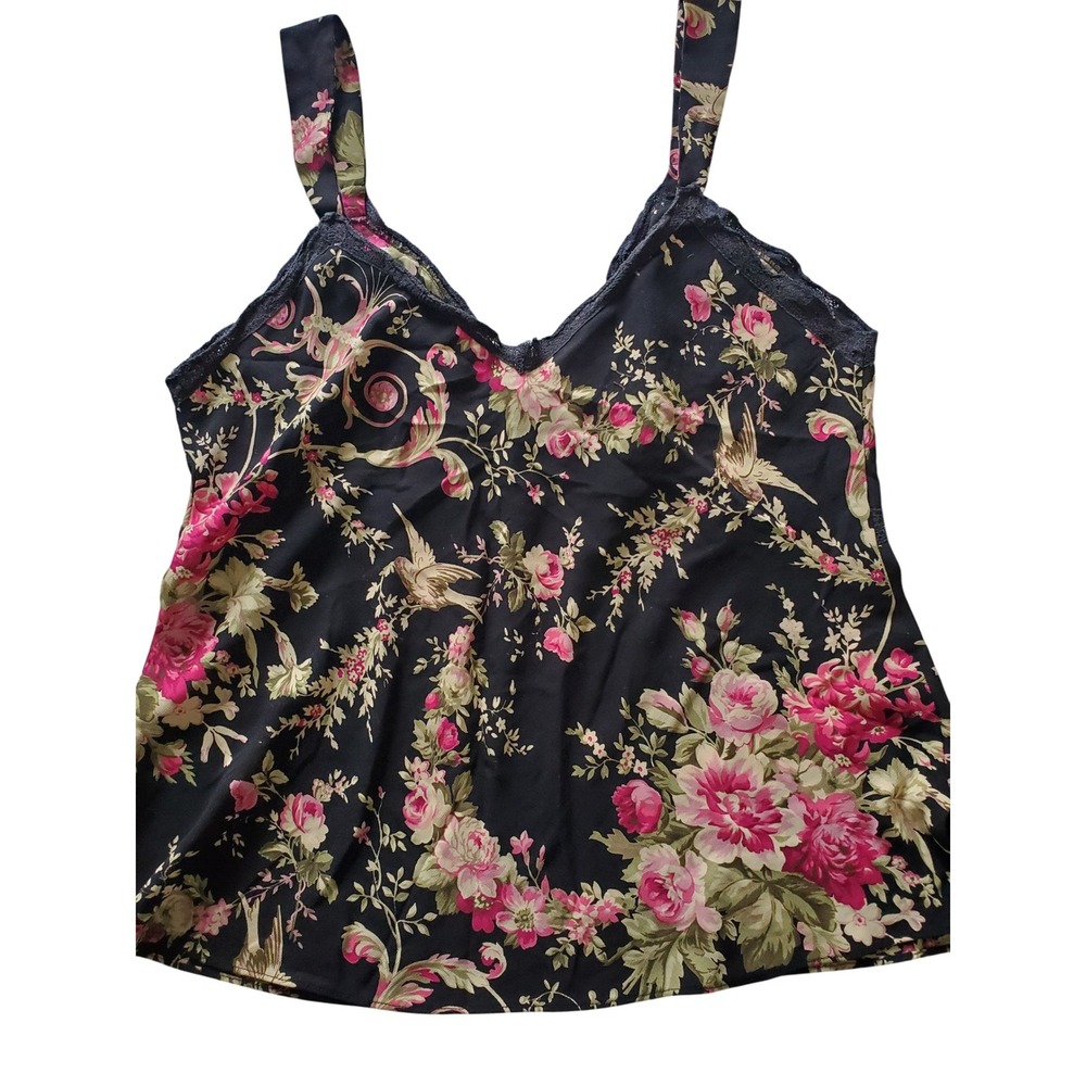 VTG Oscar de la Renta‎ Black Floral Bird Lace Trim Cami Tank Top Womens Medium